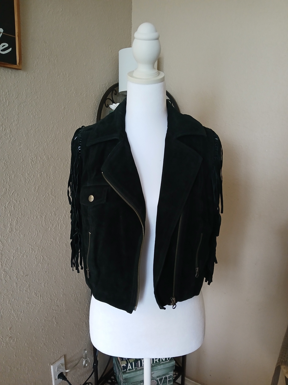 bebe Black Suede Fringe Moto Jacket Vest
